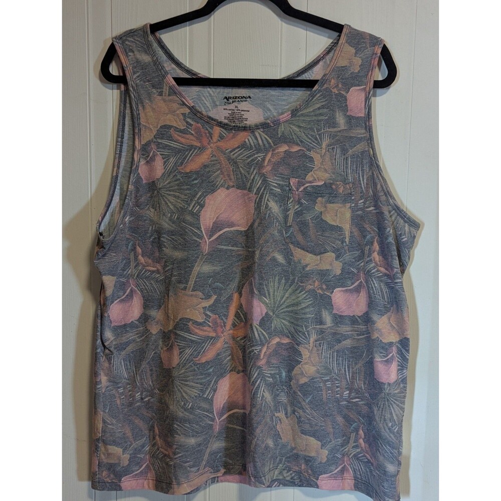 Arizona Jean Co Men's XL Scoop Neck Muted Tropical Floral Pocket Tank Top